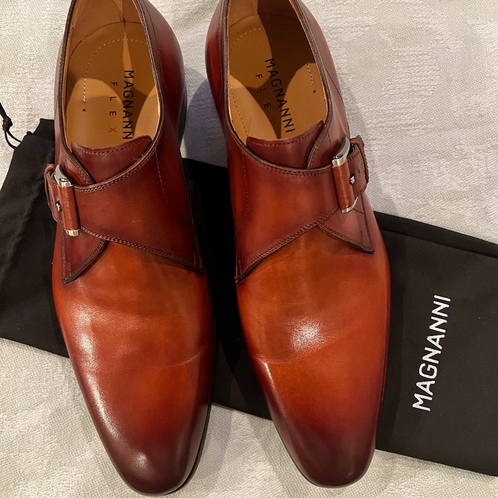 Magnanni Mens Shoes Brown Leather Monk Strap Plain Toe